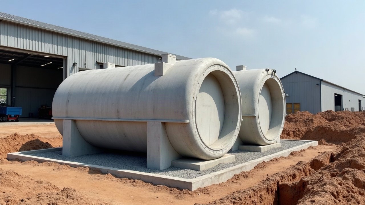 Cuves horizontales en béton sur leur dalle à côté d'une fouille, près d'un entrepôt