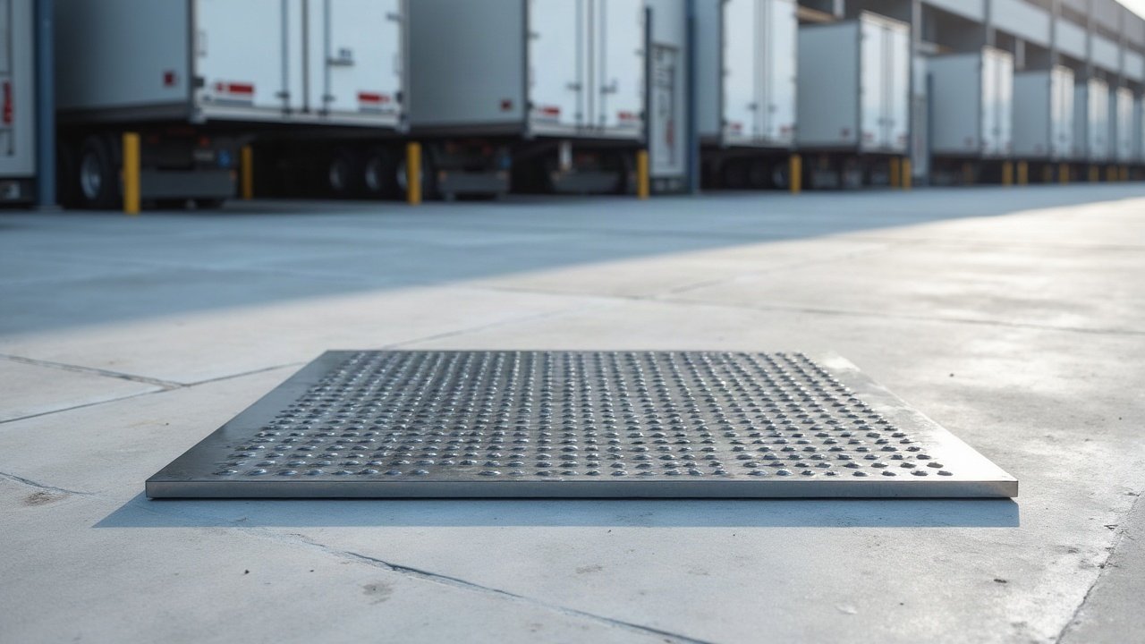 Grille d'accès posée dans le sol bétonné d'un site industriel