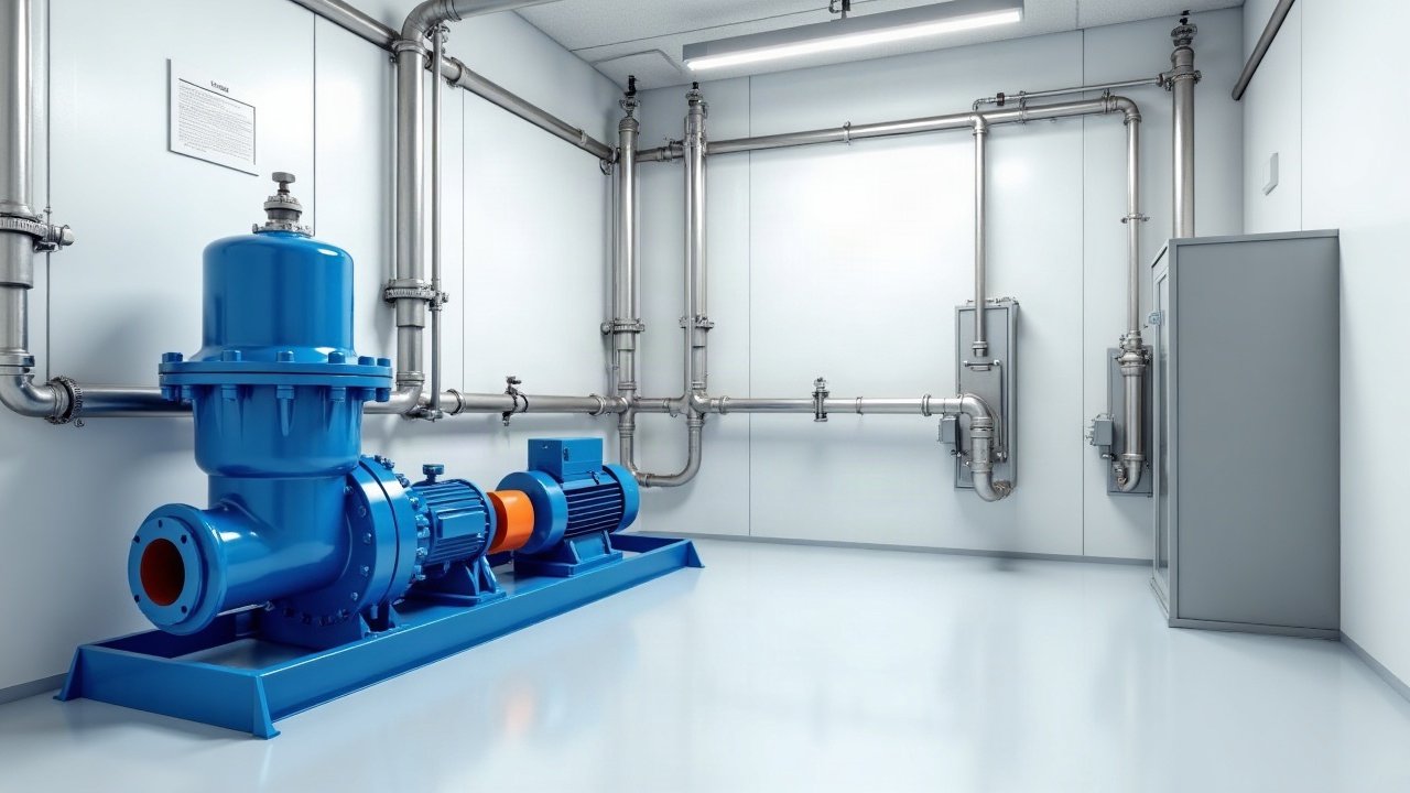 Pompe bleue et canalisations inox dans un local technique propre