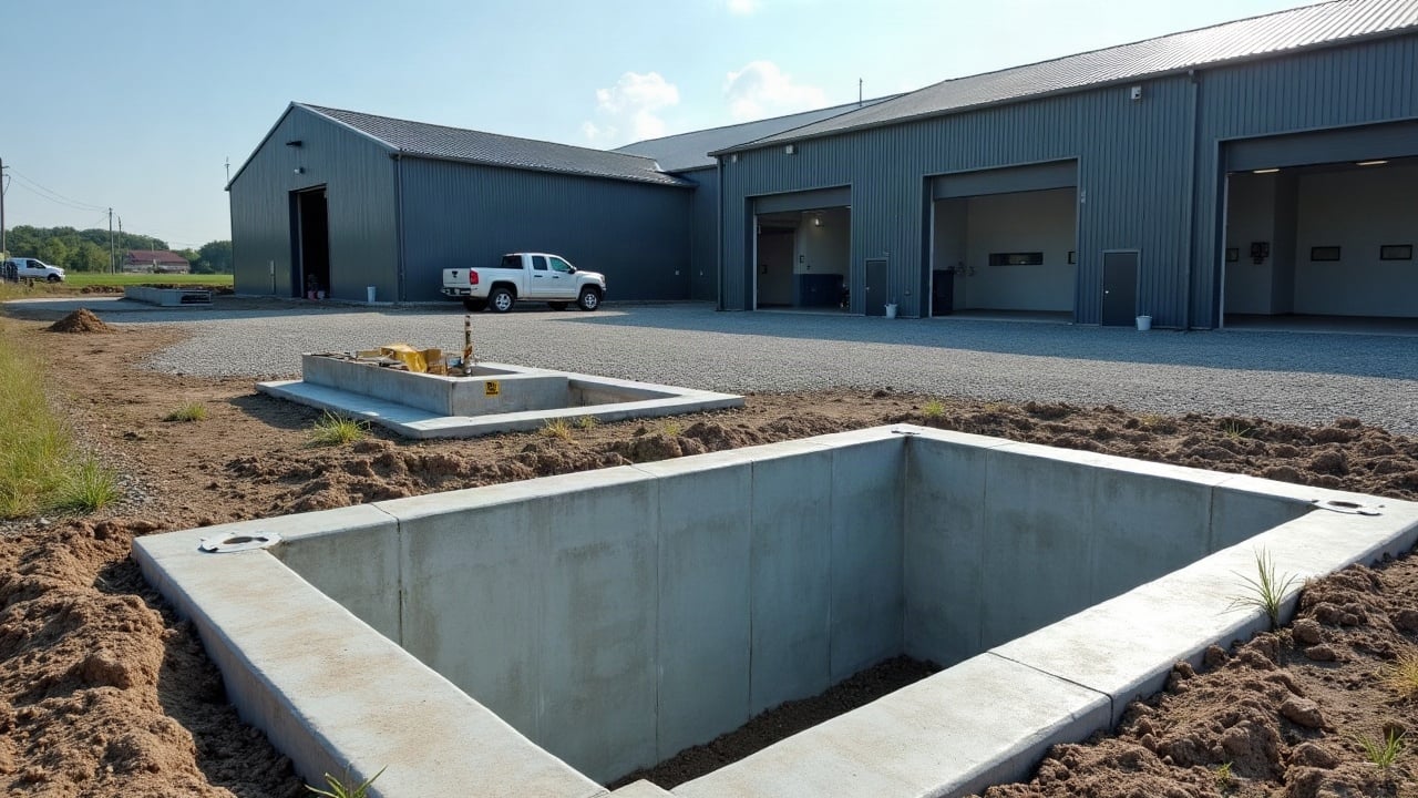 Chambre en béton coulée dans une fouille propre, à côté de bâtiments d'activité récents
