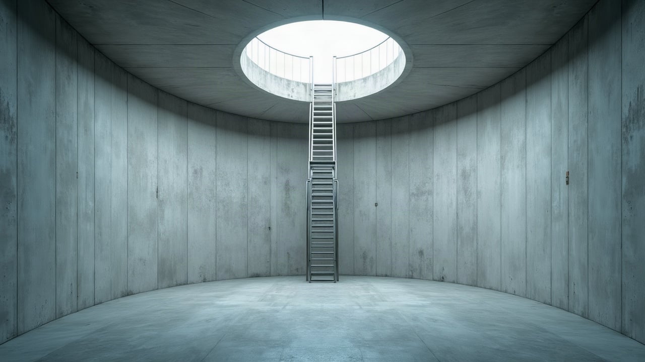Intérieur d'une cuve en béton vide et propre, échelle inox sous l'ouverture d'accès