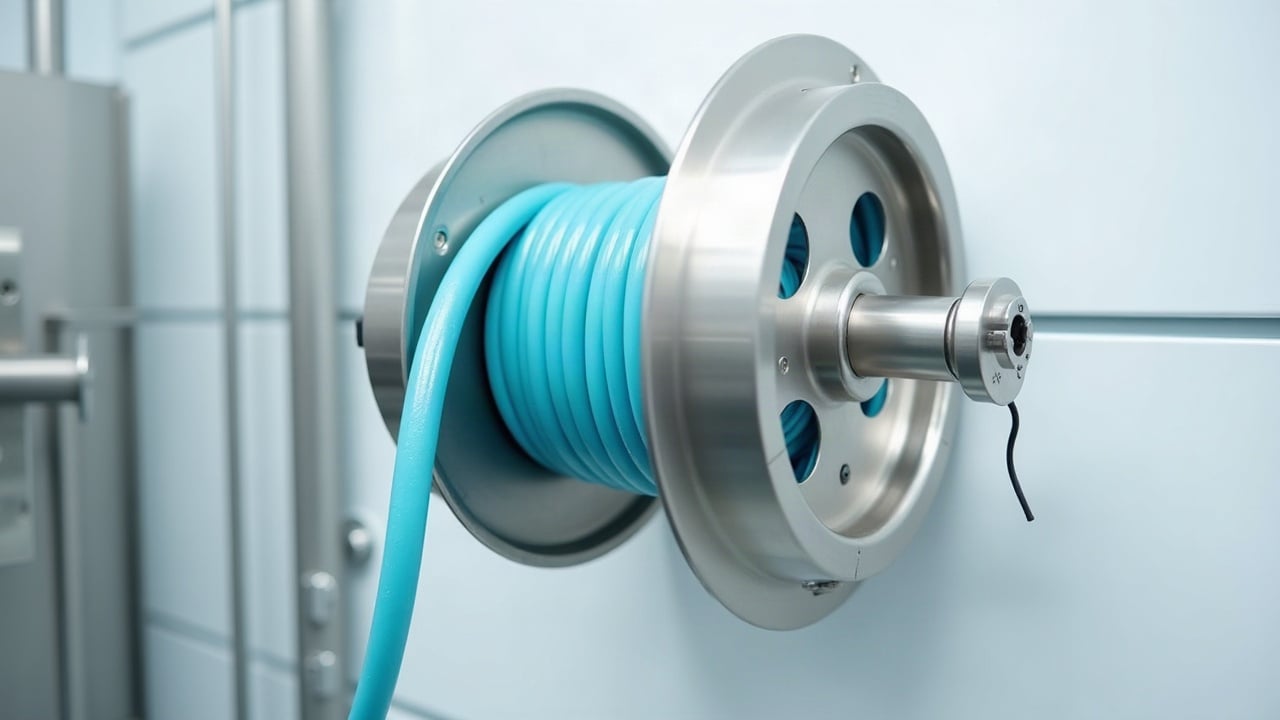 Enrouleur inox et tuyau cyan fixés au mur d'un atelier propre