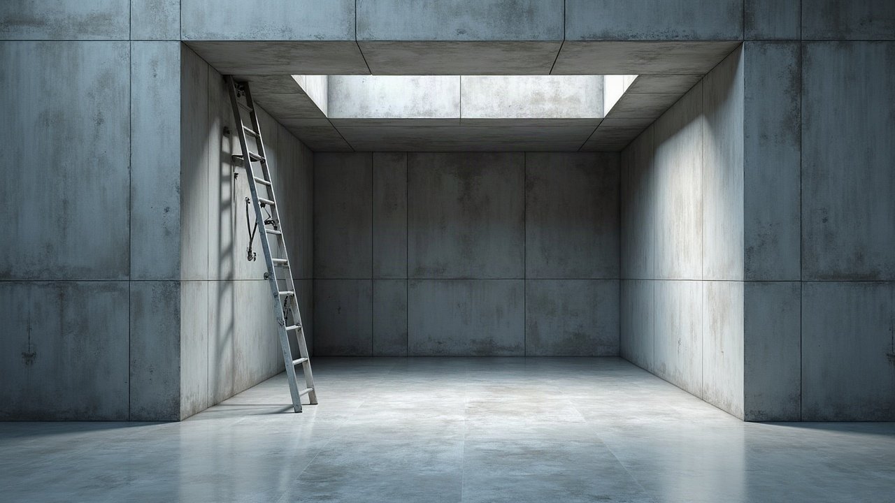 Intérieur d'une chambre en béton avec échelle d'accès, vue depuis l'ouverture