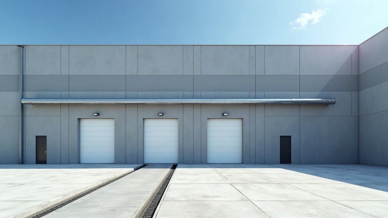 Façade de bâtiment d'activité avec caniveau de collecte au sol