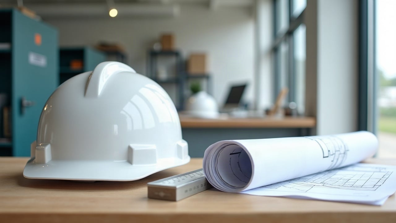 Casque blanc, règle et plans roulés sur une table de bureau de chantier