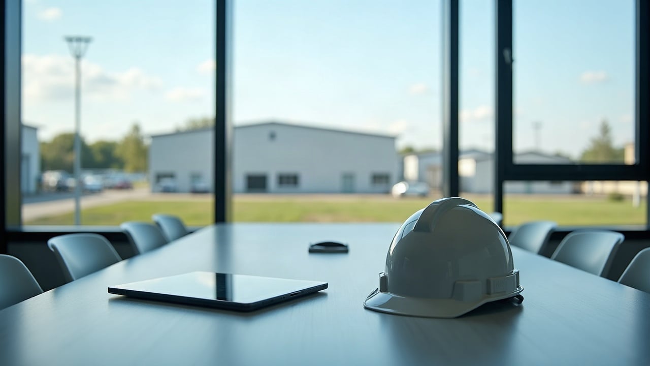 Tablette et casque de chantier sur une table de réunion, vue sur un parc d'activités