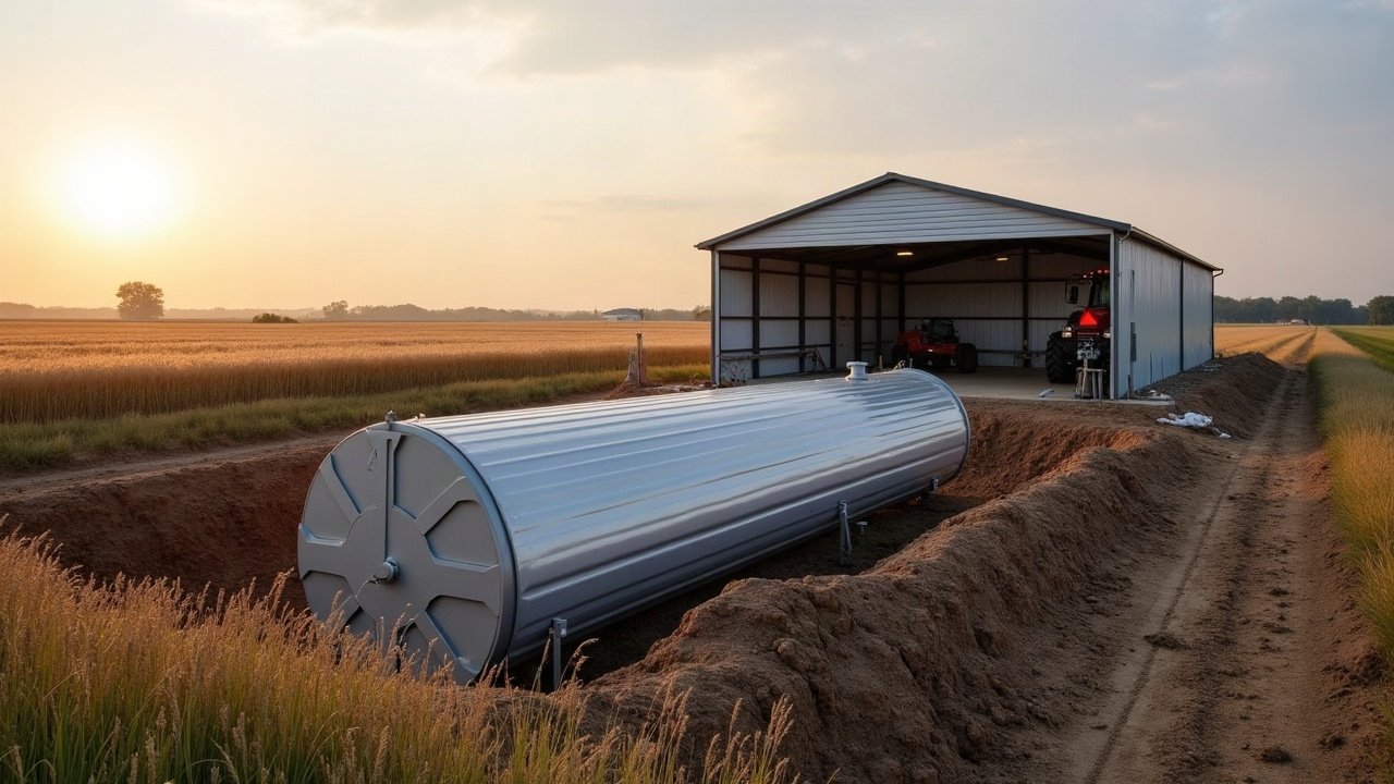 Cuve horizontale posée dans une tranchée près d'un hangar agricole au coucher du soleil