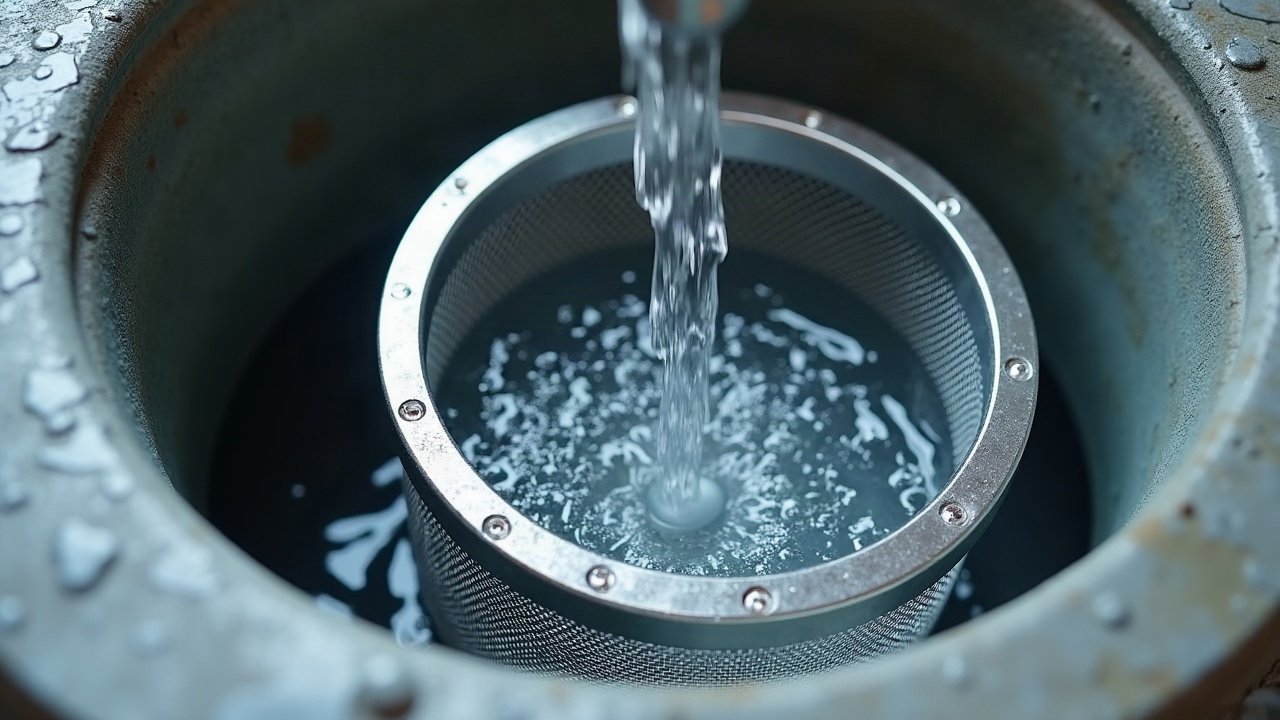 Panier filtrant inox d'un filtre d'eau de pluie traversé par l'eau