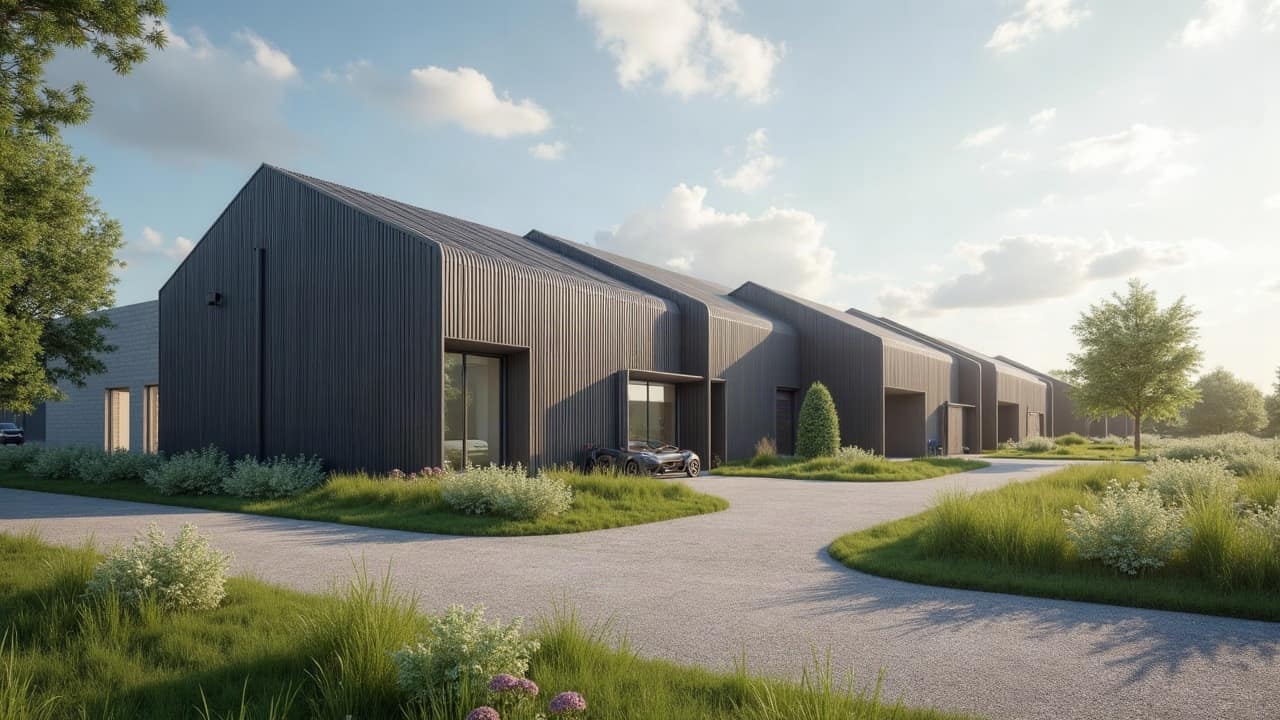 Bâtiment d'activité récent à bardage sombre et toitures à deux pans, abords paysagers