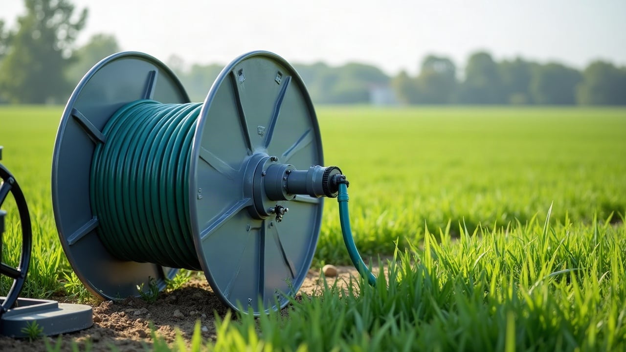 Enrouleur d'irrigation relié à son tuyau en bordure d'une parcelle de céréales