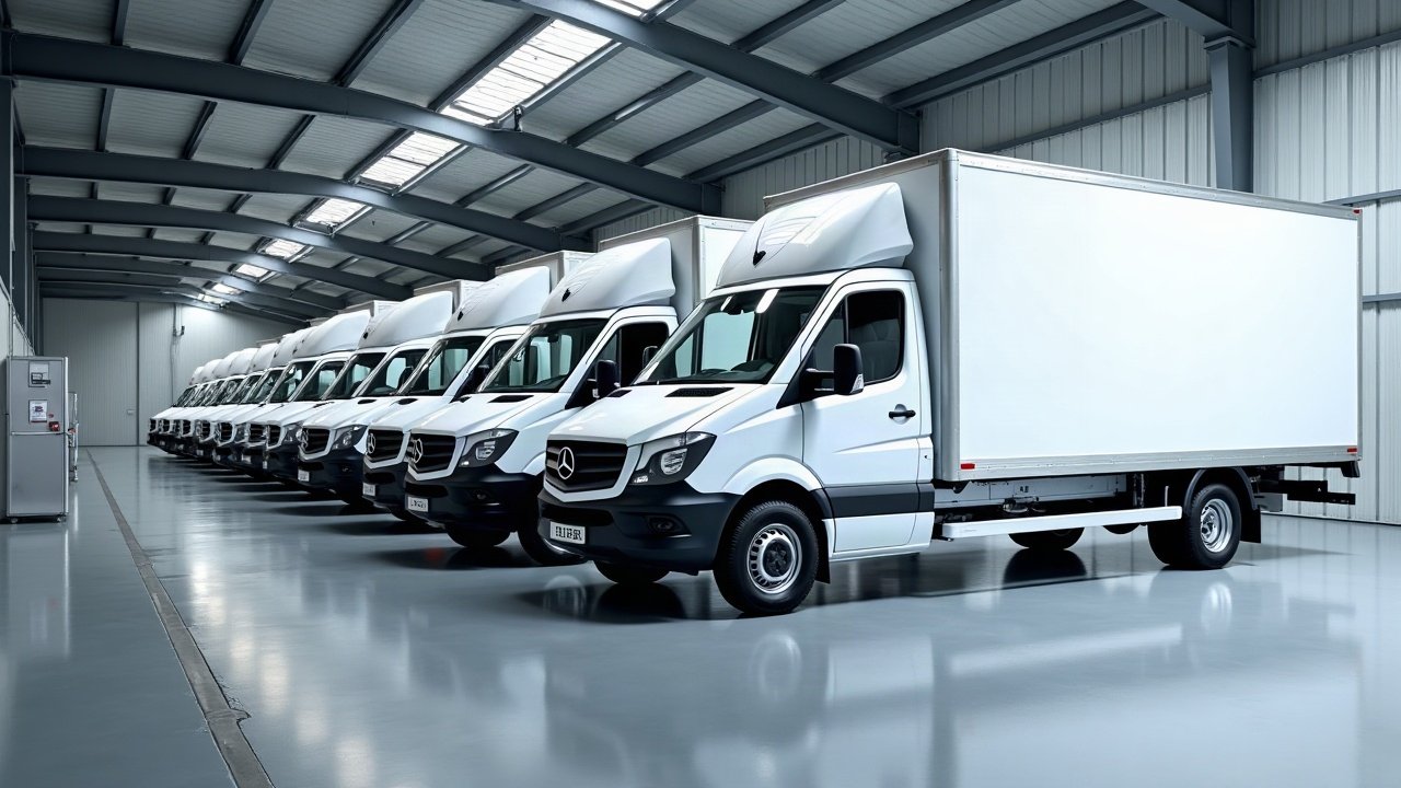 Rangée de camionnettes utilitaires blanches dans un bâtiment de flotte