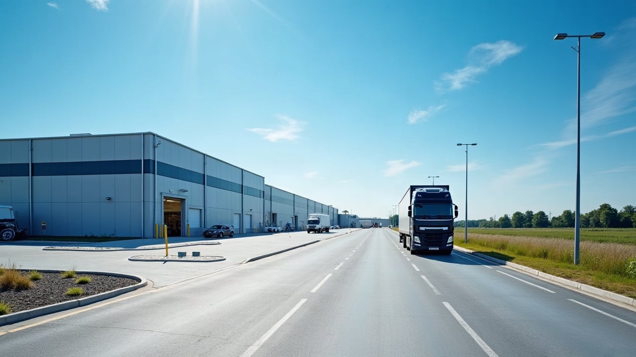 Voie de desserte d'une plateforme logistique récente, poids lourd en approche