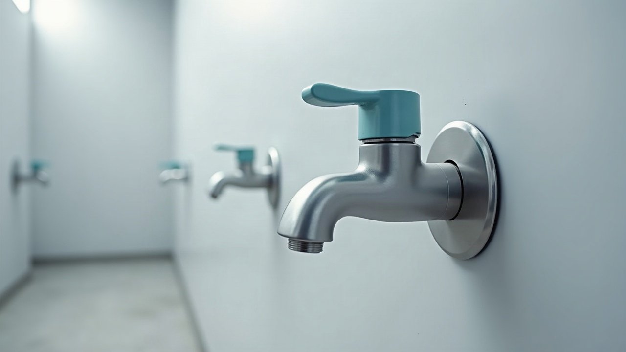Robinets muraux d'un réseau d'eau dans un local technique clair