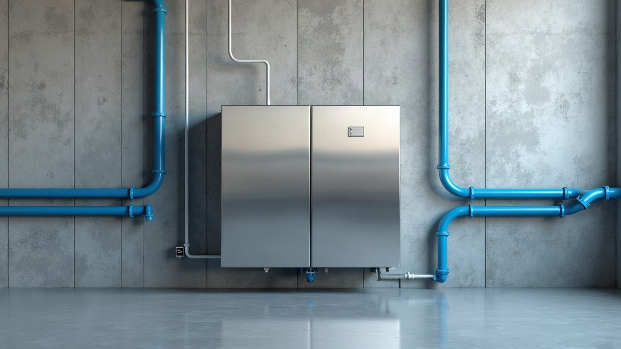 Local technique avec armoire inox et canalisations bleues séparées