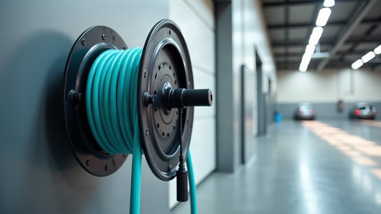 Enrouleur de tuyau cyan fixé au mur d'un bâtiment d'activité propre