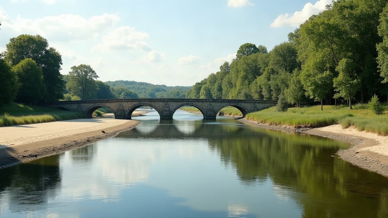 Rivière en basses eaux sous un pont de pierre, berges de sable découvertes